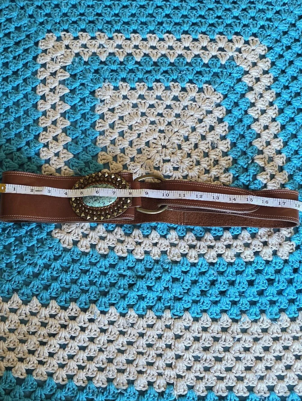 Leather Rock Leather Belt With Turquoise Buckle With Gild Studs